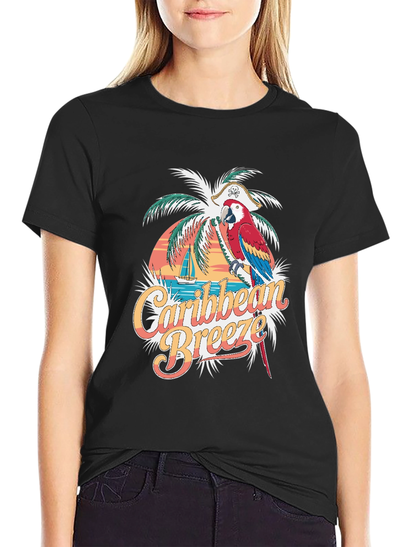 Camiseta Hombre Negra - Brisa Caribeña y Loro Pirata